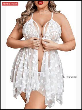 Plus Size Heart Print Lace Sheer Open Front Chemise Babydoll Nightie